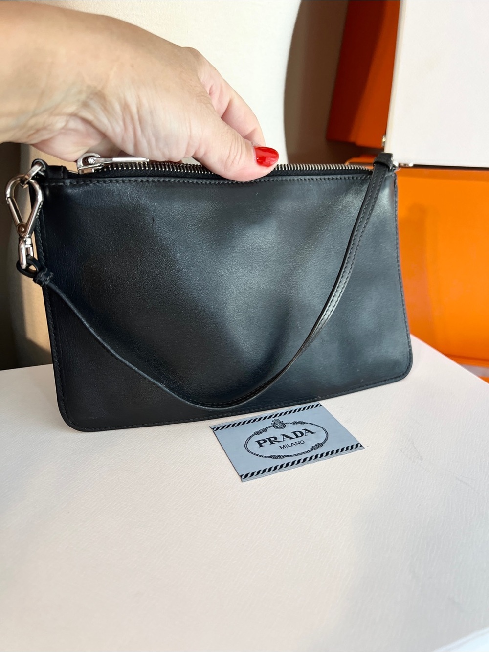 Prada Black & Silver Leather wristlet/pouch beige suede inside. 🌟Offers welcome! - Picture 10 of 14